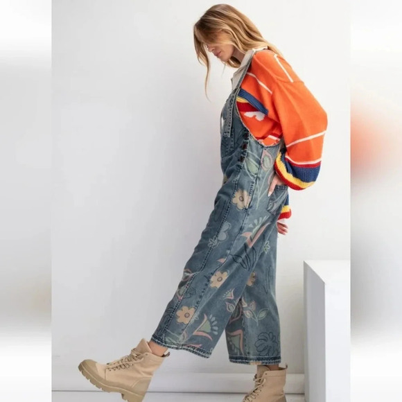 Easel Vintage Denim Washed Floral Flowers Overalls Jumpsuit New - Picture 4 of 6